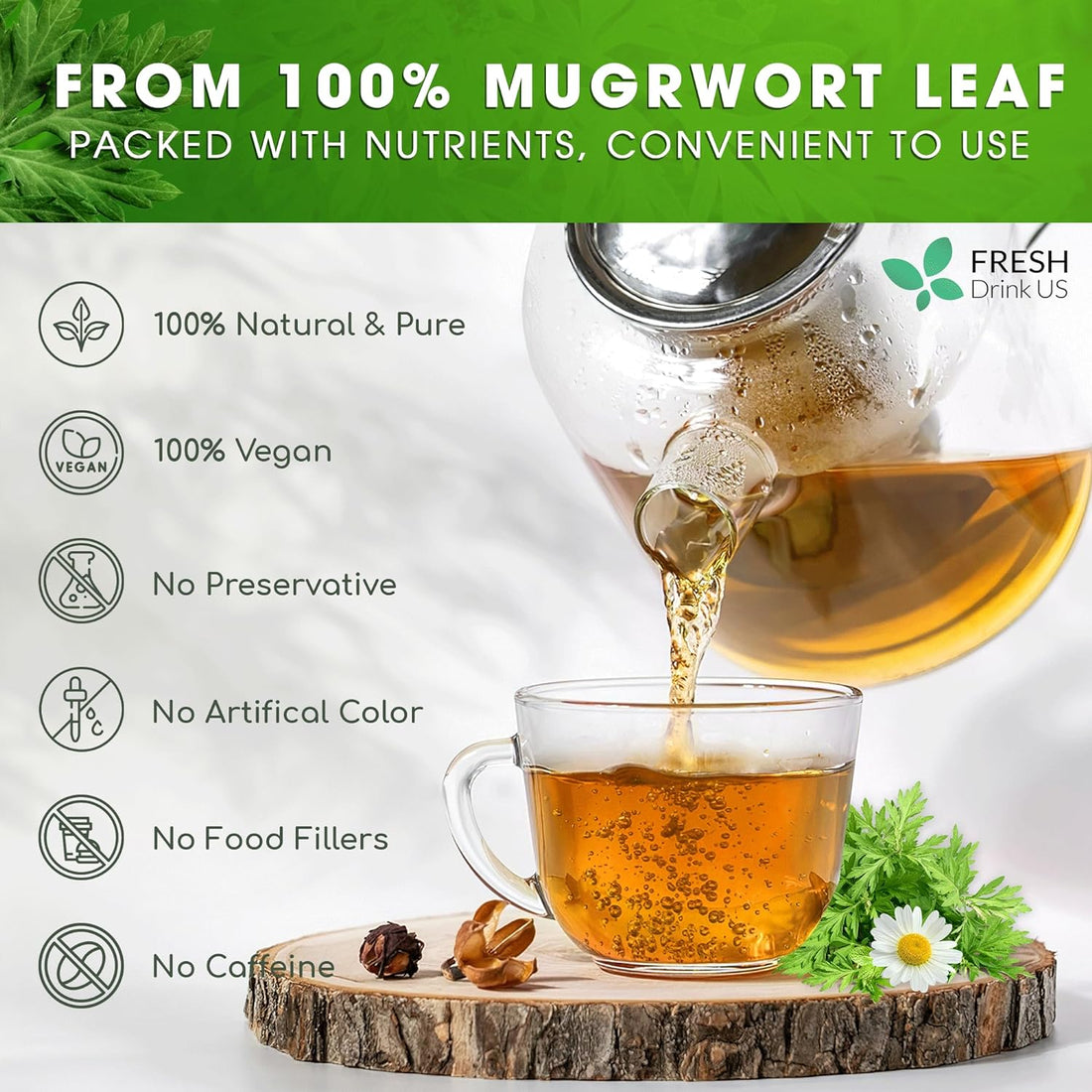 Mugwort Leaf Tea Bags, 100% Natural and Pure Mugwort Leaves, Loose Leaf Mugwort Herbal Tea, Mugwort Leaf Tea, No Sugar, No Caffeine, No Gluten, Vegan. - FreshDrinkUS - Natural and Premium Herbal Tea