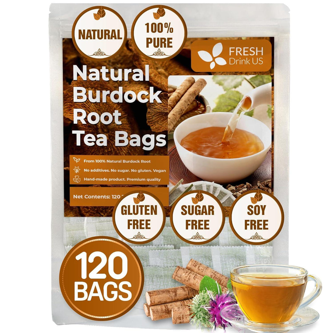 Burdock Root Tea Bags, 100% Natural & Pure from Burdock Root. Burdock Root Herbal Tea. Burdock Root Tea. No Sugar, No Caffeine, No Gluten, Vegan. - FreshDrinkUS - Natural and Premium Herbal Tea