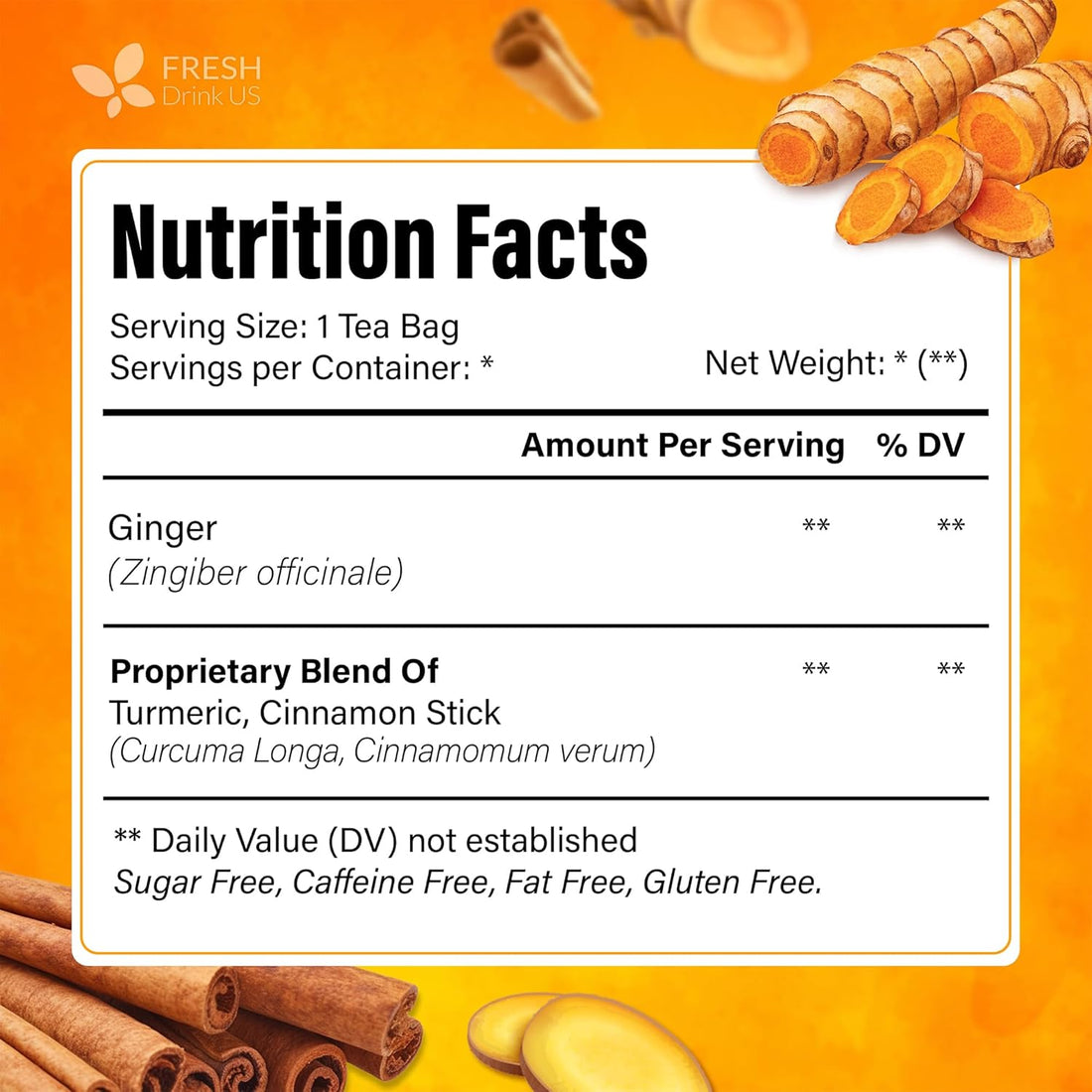 FreshDrinkUS, Premium Turmeric Ginger Cinnamon Tea Bags | Herbal Spice Tea Blend, Naturally Caffeine Free, Warm & Aromatic Flavor, 100% Natural Ingredients, Convenient Tea Bags