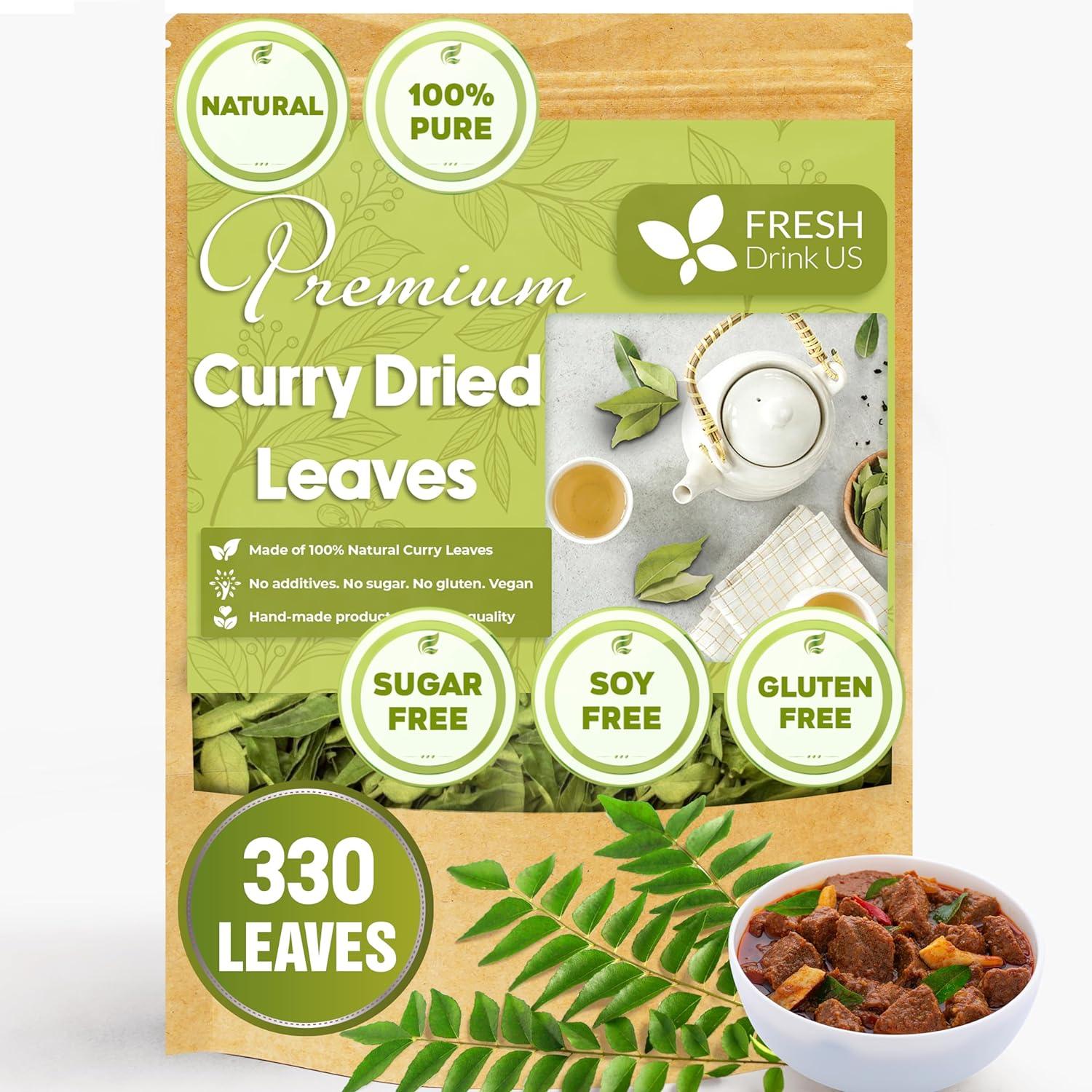 Premium Curry Leaves, Whole Dried Leaves, 100% Natural, Pure Curry Leaves, Hand-made, Wildcrafted, Indian Spice for Cooking, Curry Leaf Dried, No Additives, No Gluten, Vegan - FreshDrinkUS - Natural and Premium Herbal Tea