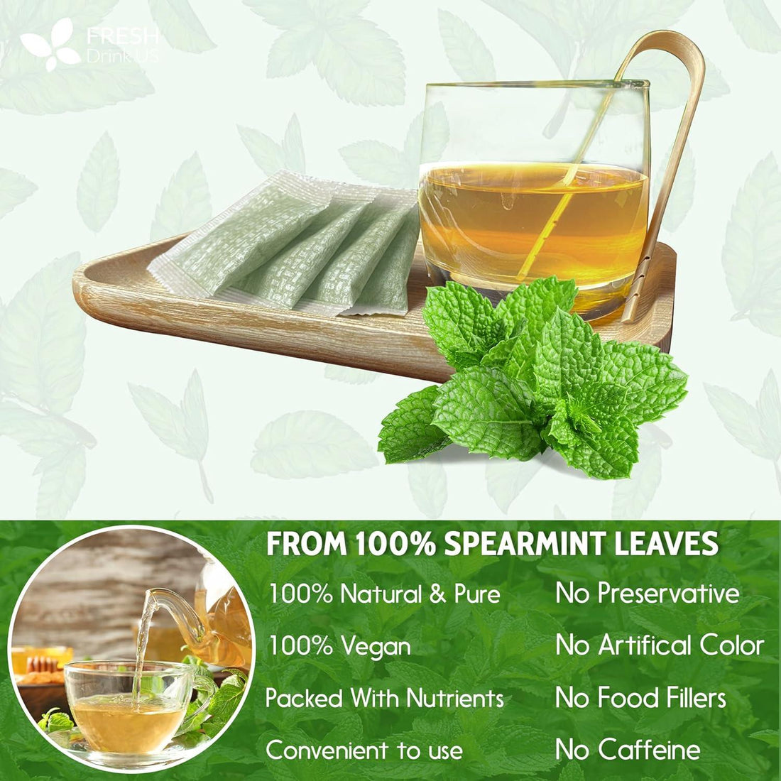 Spearmint Tea Bags, 100% Natural & Pure Spearmint Leaves. Loose Leaf Spearmint Herbal Tea. Spearmint Leaf Tea. No Sugar, No Caffeine, No Gluten, Vegan. - FreshDrinkUS - Natural and Premium Herbal Tea