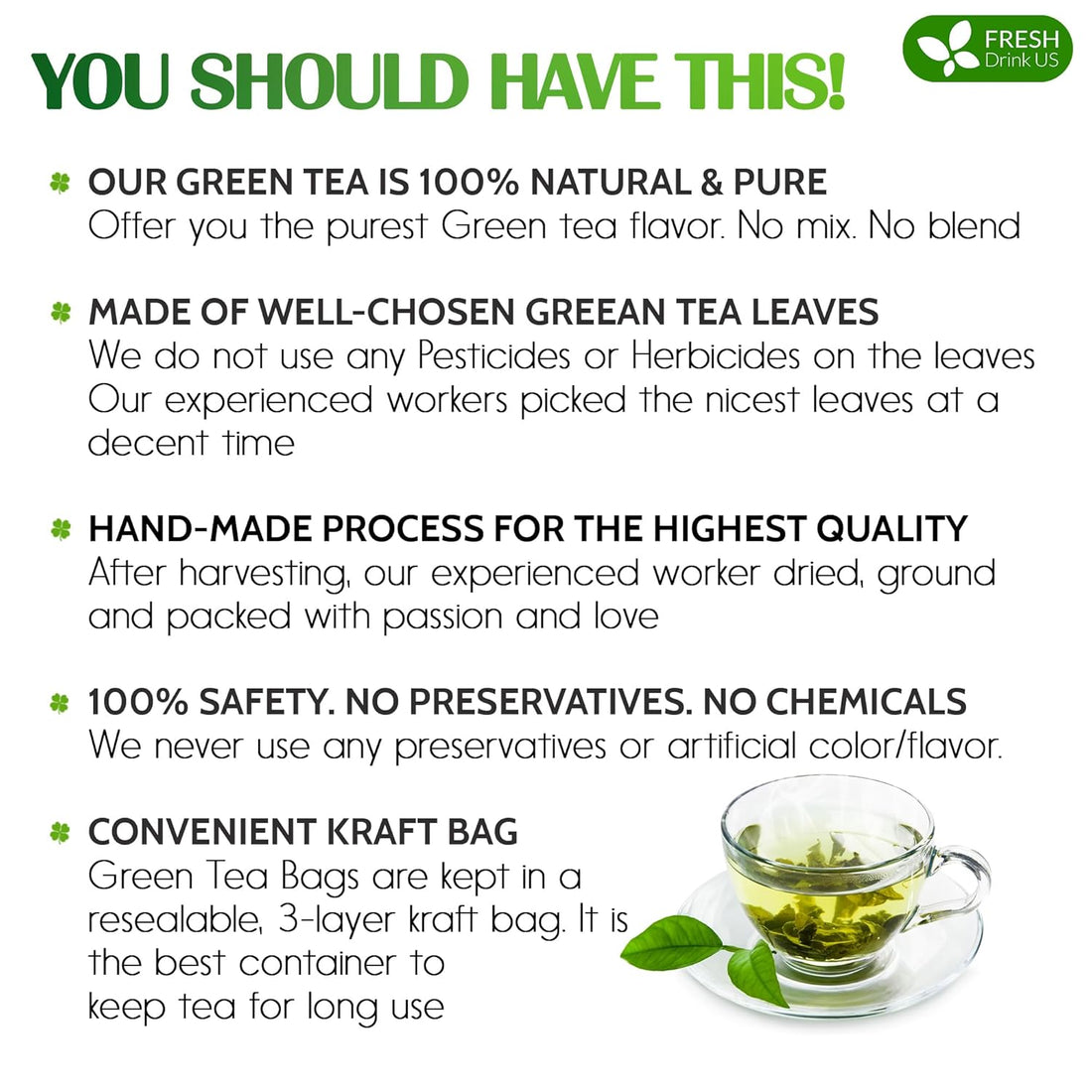 Premium Green Tea Bags, 100% Natural & Pure from Green Tea. Green Herbal Tea. No Sugar, No Gluten, Vegan