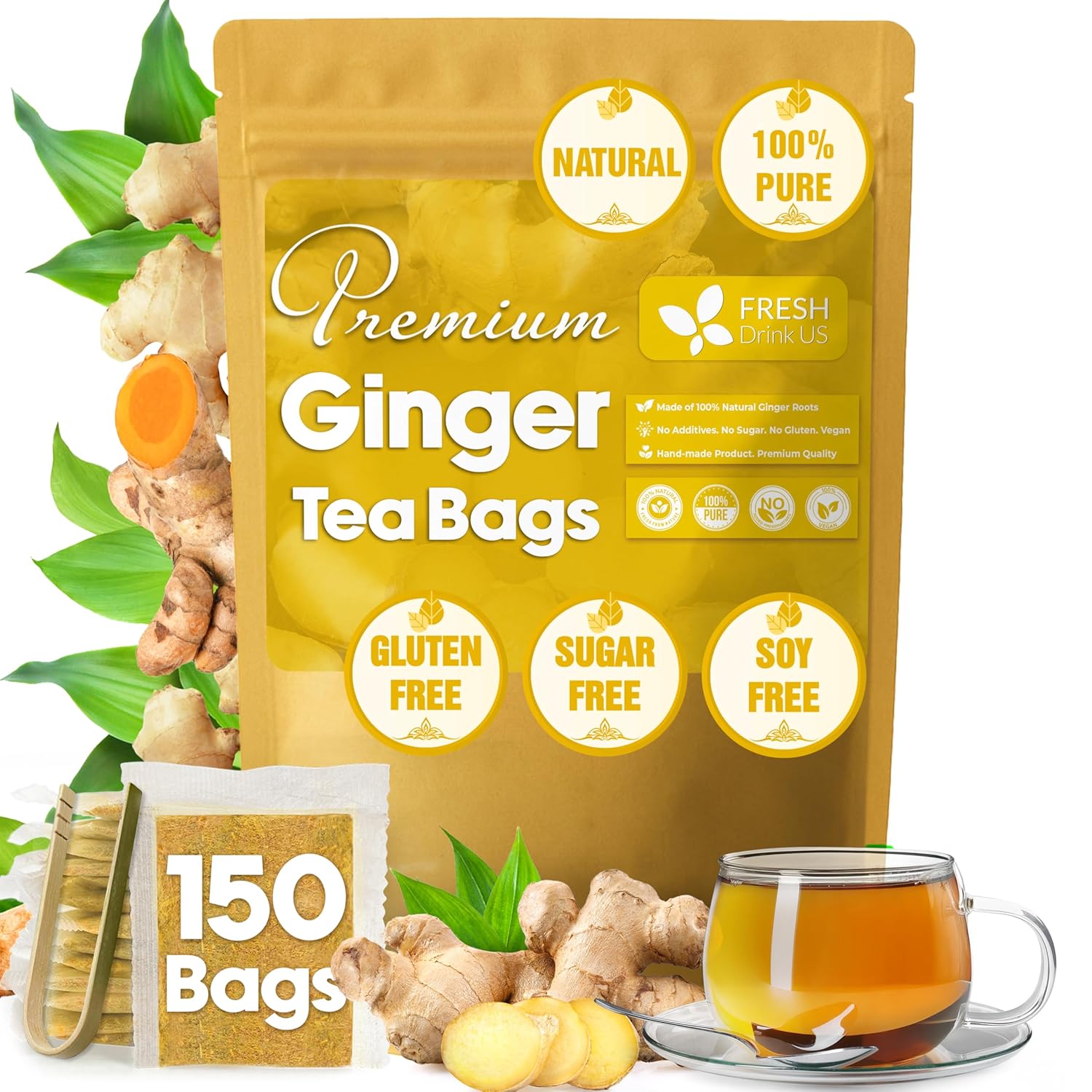 Premium Ginger Tea Bags, 100% Natural & Pure from Ginger Roots