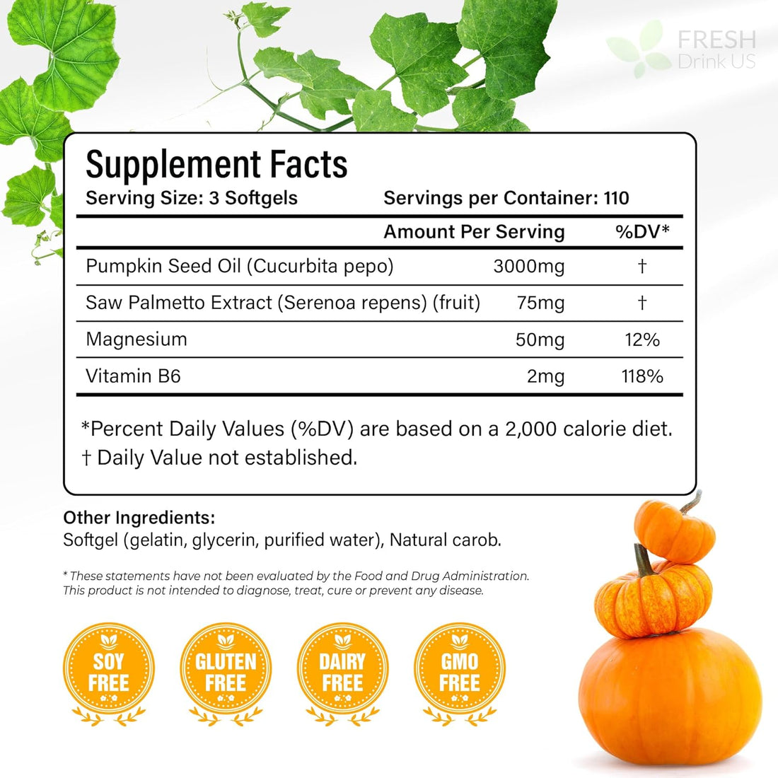 330 Premium Pumpkin Seed Oil Softgels with Saw Palmetto, 3000mg Per Serving, Cold Pressed, Pure Virgin Oil, Great Hair Support, Non-GMO, Gluten-Free.