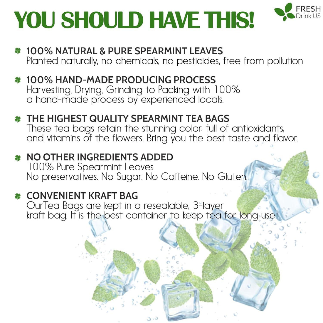 Spearmint Tea Bags, 100% Natural & Pure Spearmint Leaves. Loose Leaf Spearmint Herbal Tea. Spearmint Leaf Tea. No Sugar, No Caffeine, No Gluten, Vegan. - FreshDrinkUS - Natural and Premium Herbal Tea