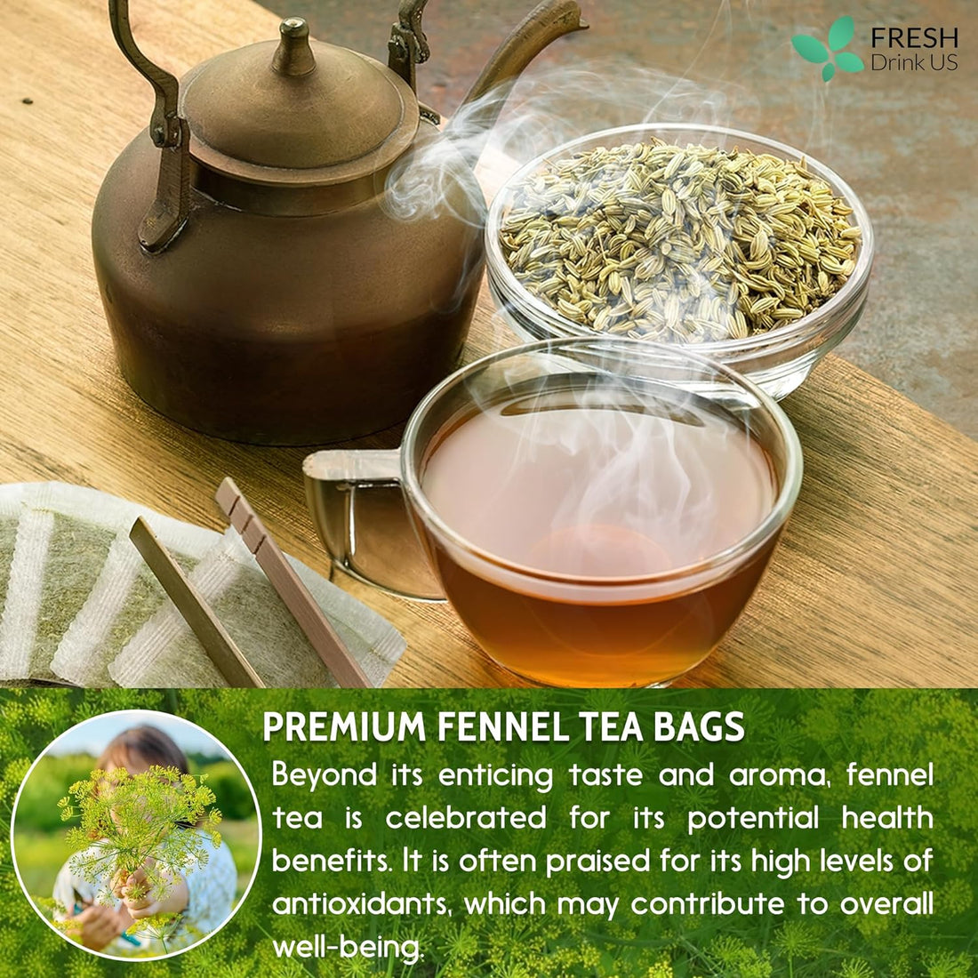 Premium Fennel Tea Bags, 100% Natural & Pure from Fennel Seeds. Fennel Seed Herbal Tea. Fennel Seed Tea. Made with Natural Material Tea Bags. No Sugar, No Caffeine, No Gluten, Vegan.