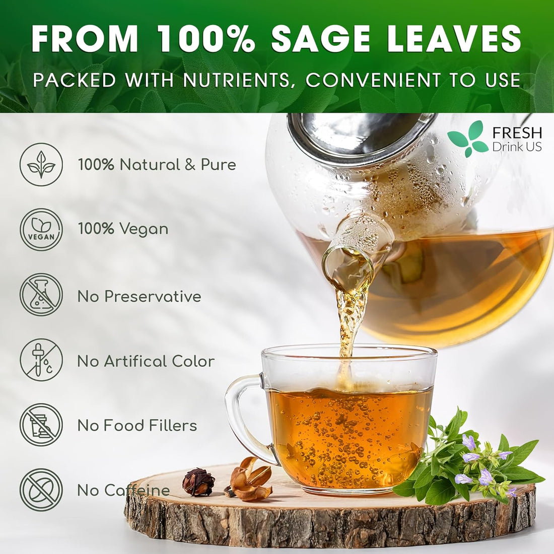 Sage Leaf Tea Bags, 100% Natural & Pure from Sage Leaves. Loose Leaf Sage Herbal Tea. Sage Leaf Tea. Made with Natural Material Tea Bags. No Sugar, No Caffeine, No Gluten, Vegan.