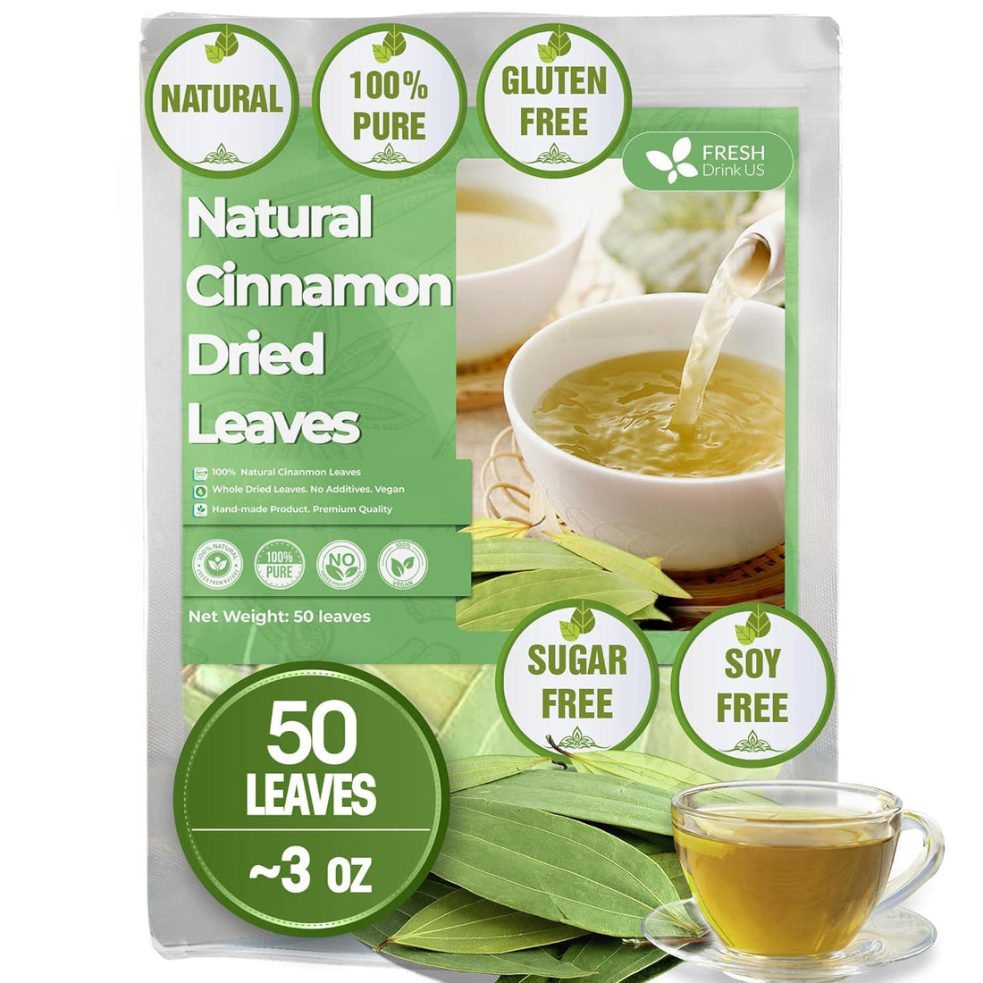 Natural Cinnamon Leaves, Whole Dried Cinnamon Leaves, Tea Bags, 100% Pure from Dried Cinnamon Leaves, Cinnamon Leaf Tea, No Additives, No Caffeine, Vegan - FreshDrinkUS - Natural and Premium Herbal Tea