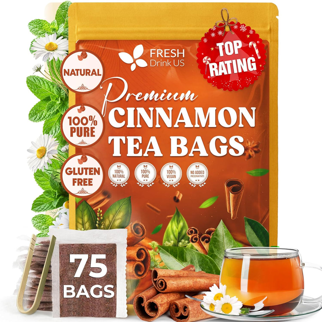 Premium Cinnamon Tea Bags, 100% Natural & Pure, Herbal Tea, Made with Natural Materials-Corn Fiber Tea Bags, Sugar/Caffeine/Gluten Free. Warmly Taste and Balance.