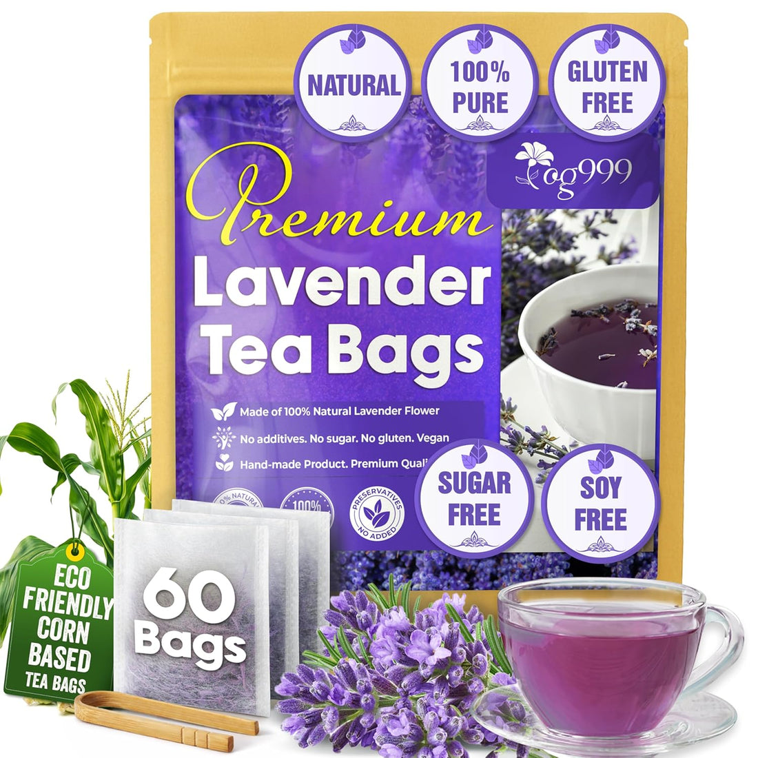 Premium Lavender Flower Tea Bags, 100% Natural & Pure. Loose Flower Lavender Herbal Tea. No Sugar, No Caffeine, No Gluten, Vegan.