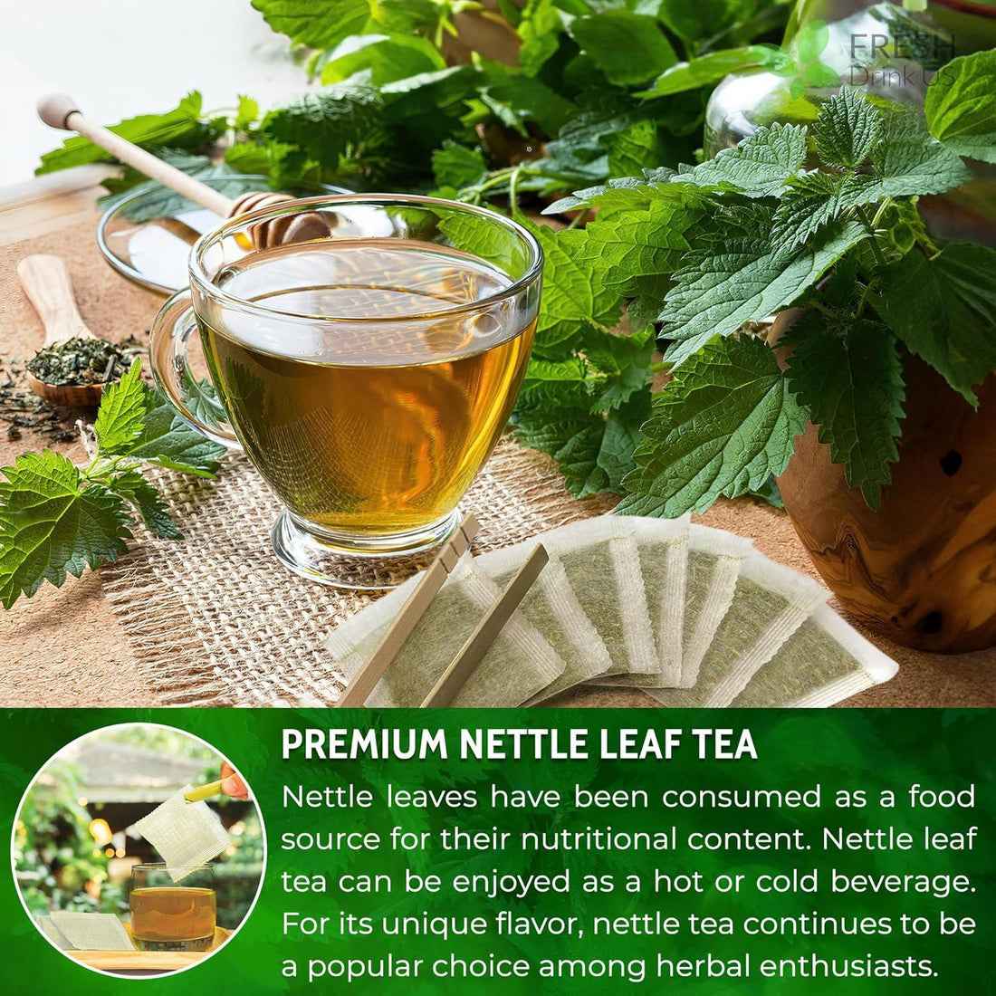 Premium Nettle Leaf Tea Bags, 100% Natural & Pure, Stinging Nettle Leaf Tea, Nettle Leaf Tea, Burn Nettle, Stinging Nettle, Nettle Tea, Stinger Tea, No Sugar/Caffeine & Gluten, Vegan - FreshDrinkUS - Natural and Premium Herbal Tea