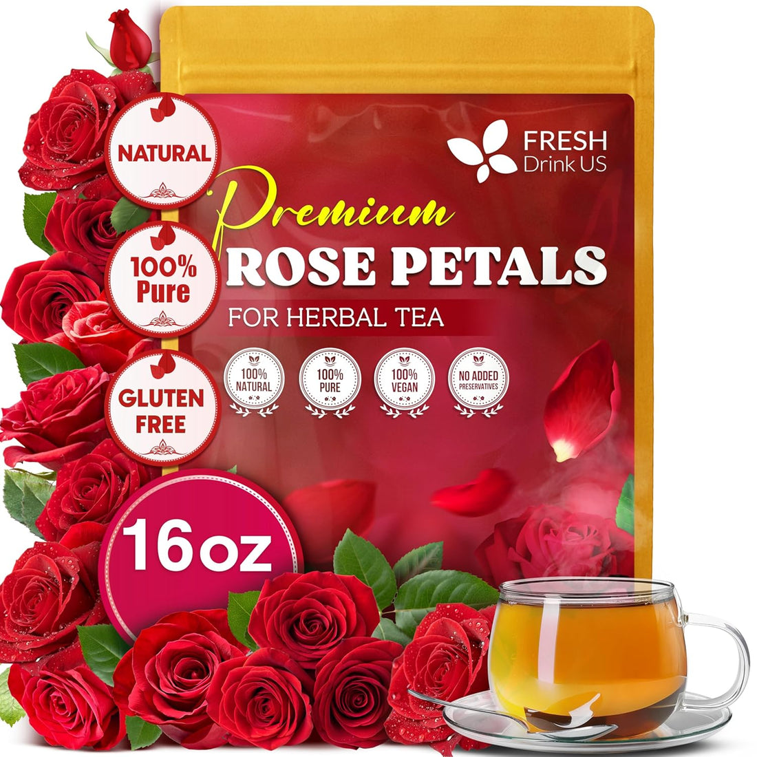 Premium 16oz Dried Rose Petals, 100% Natural & Pure, Herbal Tea, Daily Infusion Botanical, No Sugar, No Caffeine, No Gluten, Vegan. Rich in Antioxidants.