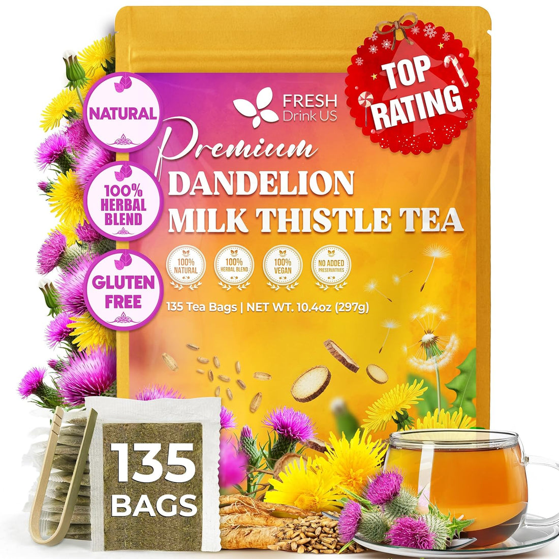 Premium Dandelion Milk Thistle Herbal Tea | Herbal Blend with Dandelion Root & Milk Thistle Seed – Clean Plant-Based Daily Tea, Naturally Caffeine Free. Sugar Free. Vegan