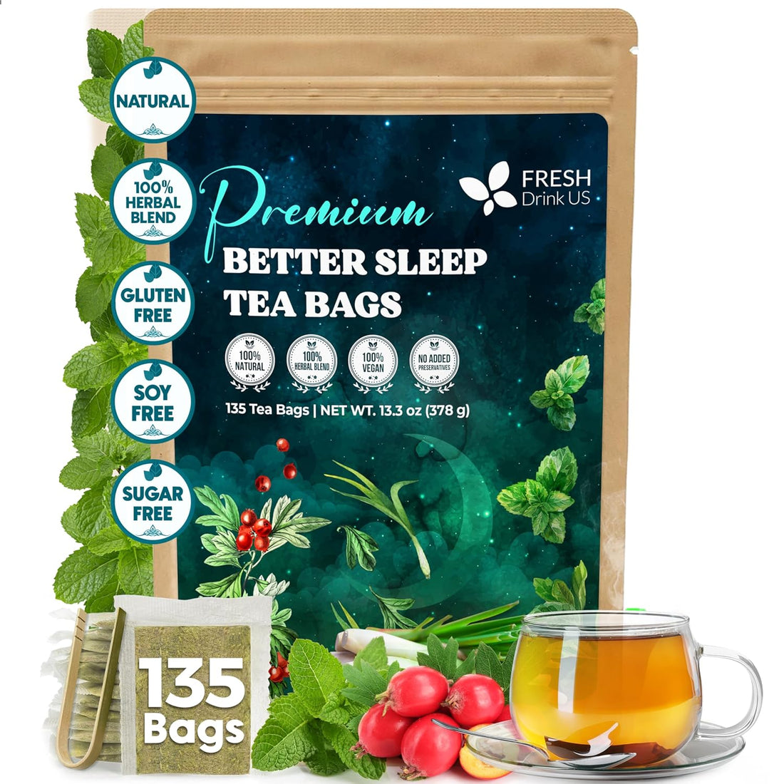 Premium Better Sleep Herbal Tea | Special Herbal Sleep Tea, Caffeine-Free Loose Leaf Blend with Spearmint Leaves, Lemongrass Leaves, and Hawthorn Berry – Naturally Refreshing and Aromatic.