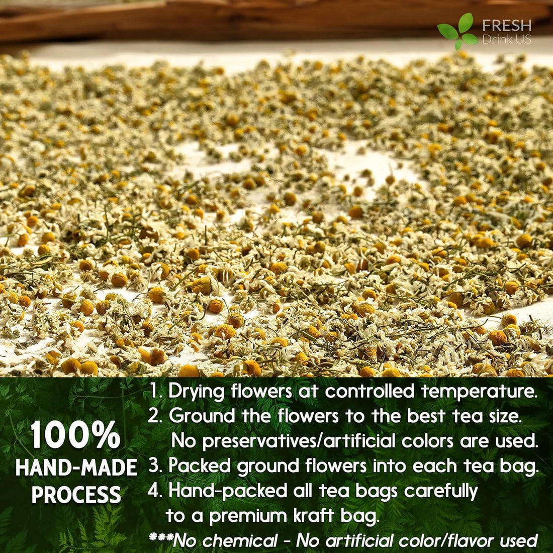 Chamomile Tea Bags, 100% Natural Chamomile, Freshly Picked, Naturally Dried Chamomile, Hand-made, Biodegradable Tea Bag - FreshDrinkUS - Natural and Premium Herbal Tea