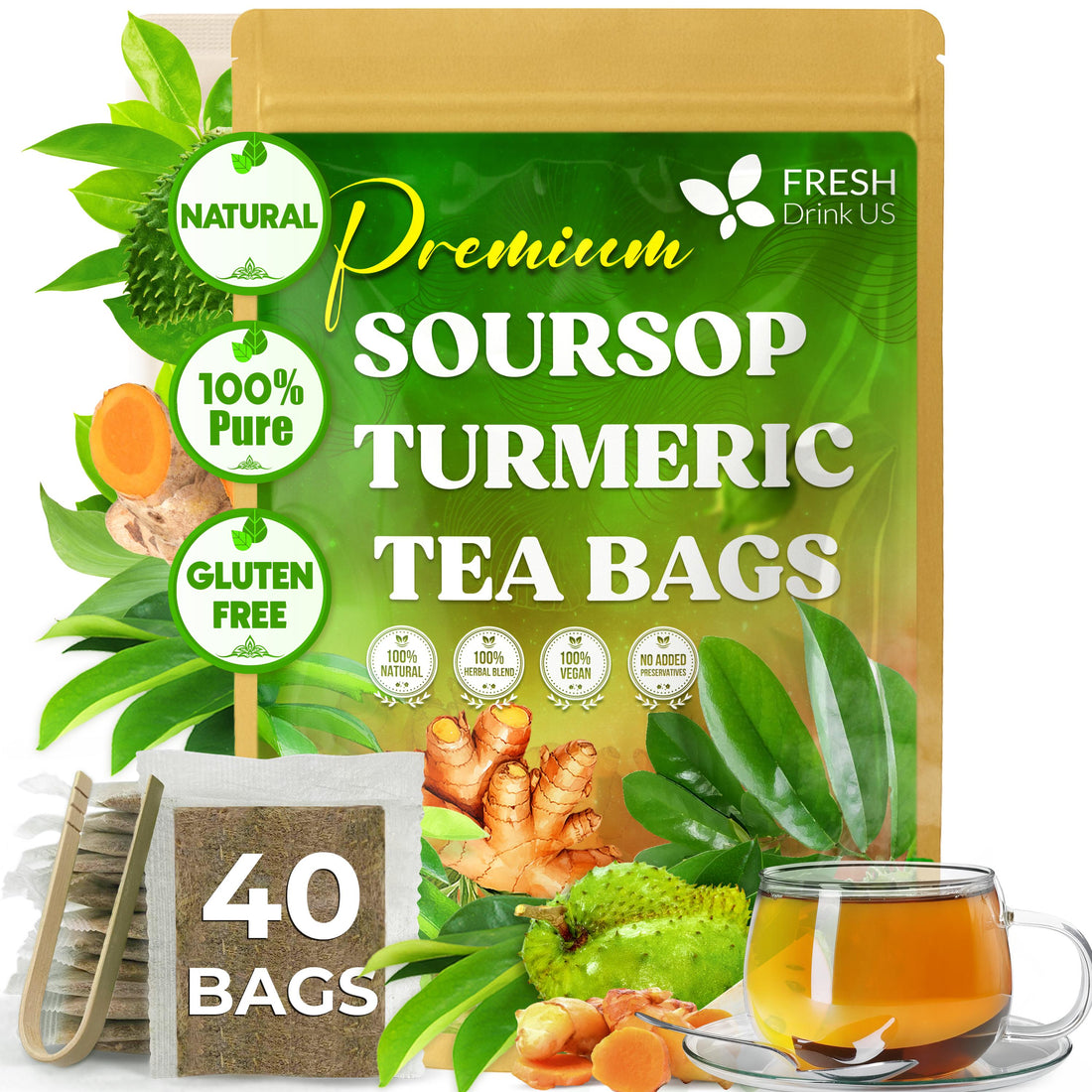 Premium Soursop Turmeric Tea Bags | Blend of Soursop Leaves, and Turmeric Root