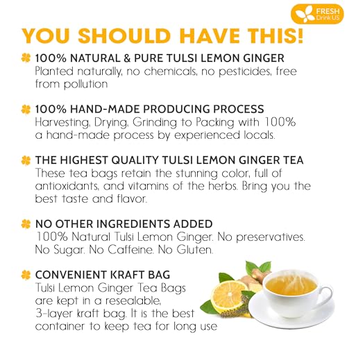 remium 35 Tulsi Lemon Ginger Tea Bags, 100% Natural & Pure from Tulsi Holy Basil Leaves, Lemon and Ginger. Made with Natural Material Tea Bags. No Sugar, No Caffeine, Vegan.