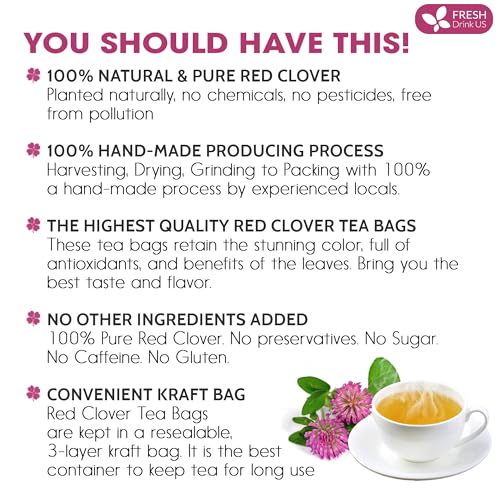 Premium Red Clover Herbal Tea– 75 Tea Bags – Pure – Naturally Smooth & Mild Flavor – Premium Quality, Eco-Conscious Packaging. Caffeine-Free. Gluten Free. Vegan