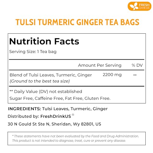 Premium 75 Tulsi Turmeric Ginger Tea Bags, 100% Natural & Pure from Tulsi Holy Basil Leaves, Turmeric and Ginger. Made with Natural Material Tea Bags. No Sugar, No Caffeine, Vegan.