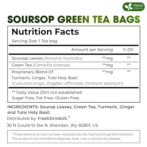 Premium 75 Tea Bags Soursop Green Tea, 100% Natural & Proprietary Blend from Soursop Leaves and Green Tea. Smooth Flavor. Made with Eco-Conscious Tea Bags. No Additives No Sugar, Vegan.