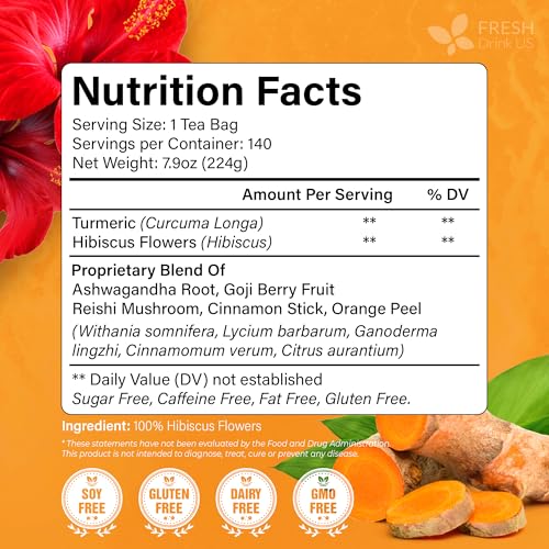 Premium Harmony Herbal Tea | 60 Tea bags | 100% Natural Turmeric, Hibiscus, Ashwagandha, Goji Berry, Reishi, Cinnamon & Orange Peel – Naturally Aromatic Caffeine-Free Tea