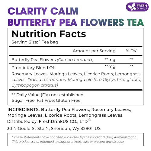Clarity Calm Butterfly Pea Flower Tea – 60 Tea Bags Herbal Blend of Butterfly Pea Flower, Rosemary, Moringa, Lemongrass & Licorice Root – Caffeine-Free. Sugar-Free. Gluten-Free. Vegan