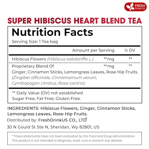 60 Tea Bags Super Hibiscus Heart Blend– Herbal Tea with Hibiscus Flower, Ginger, Cinnamon Stick, Lemongrass & Rose Hip – Naturally Caffeine-Free, Sugar-Free, Vegan