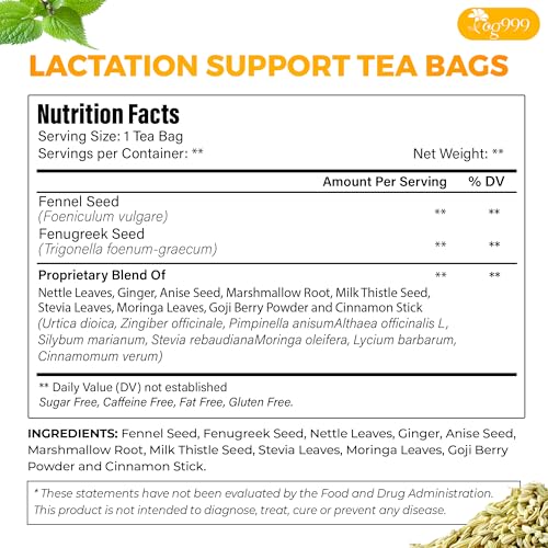Premium 30 Tea Bags Lactation Support Tea, Breastfeeding Blend for Nursing Moms & Postpartum Wellness, with Fenugreek, Fennel, Nettle, Milk Thistle, Moringa, 100% Natural, Caffeine Free, NonGMO