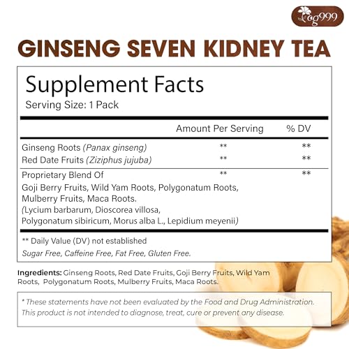 30 Bags Ginseng Seven Treasures Kidney Tea, Traditional Chinese Formula for Men & Women, Daily Balance & Herbal Cleansing Routine, 100% Natural Ingredients, Caffeine Free, Non-GMO, Vegan
