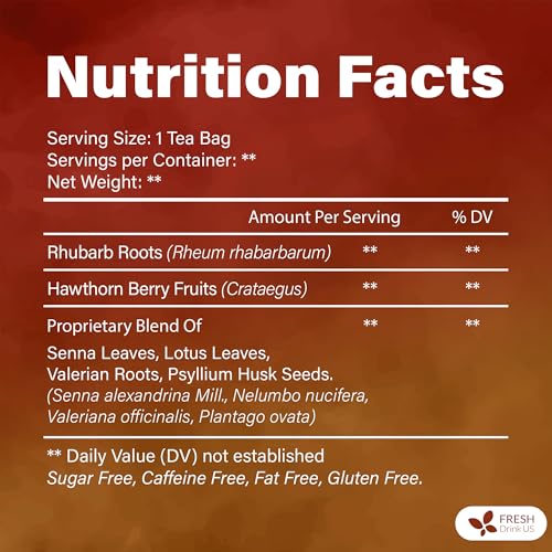 Premium Colon Cleanse Tea – Rhubarb Root & Hawthorn Berry with Senna, Lotus Leaf, Valerian Root & Psyllium Husk – Herbal Blend, Caffeine-Free. Vegan