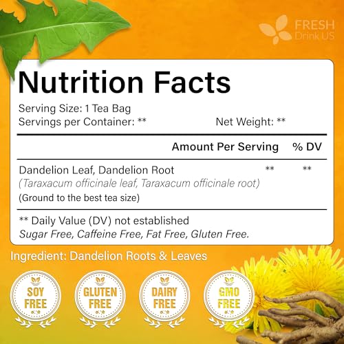 Premium 135 Dandelion Leaves and Roots Tea Bags, 100% Natural & Pure, Herbal Tea, Daily Infusion Botanical, No Sugar, No Caffeine, No Gluten, Vegan. Powerful Support.