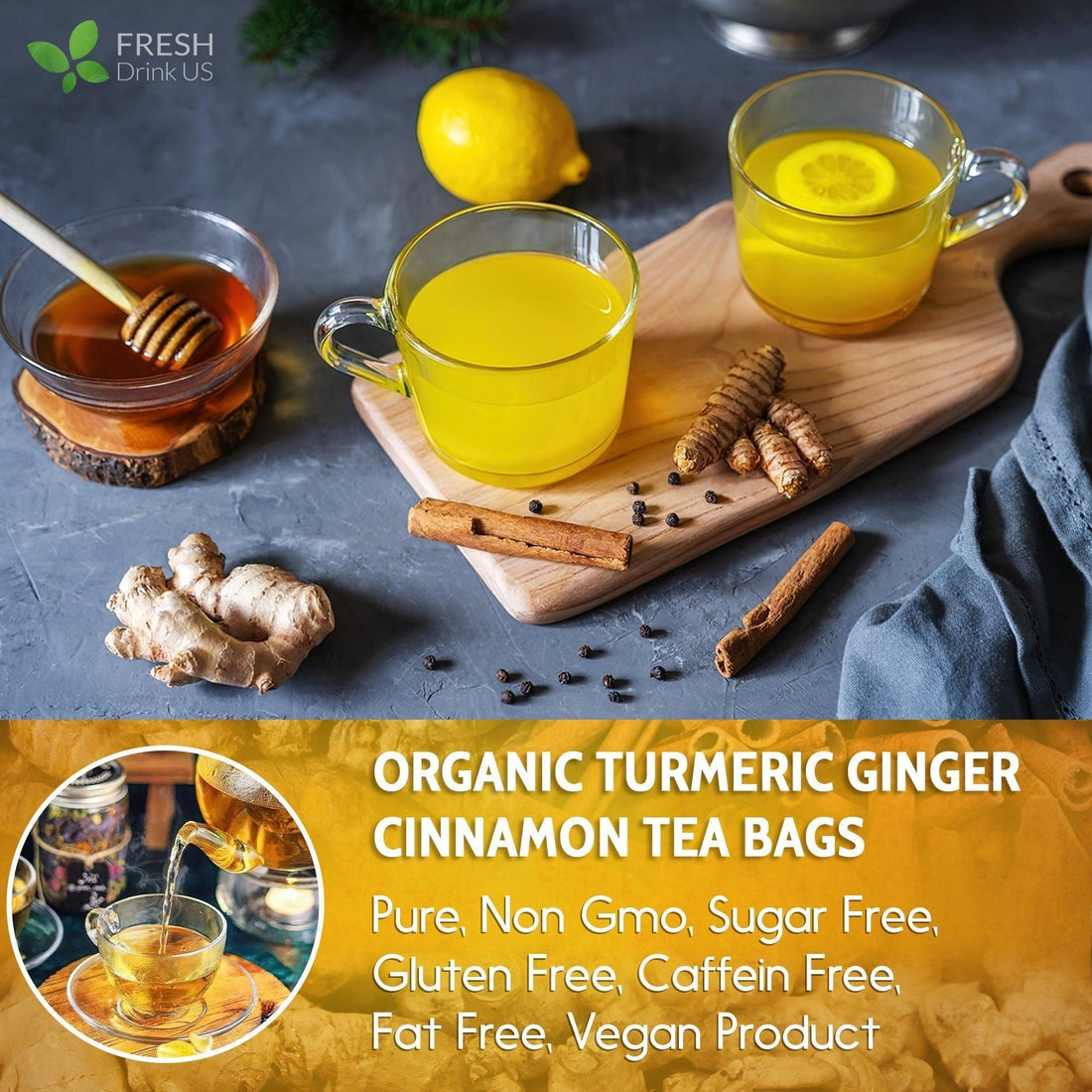 Turmeric, Ginger, Cinnamon Tea, Tea Bags, 100% Natural, Hand-made Blend of Turmeric, Ginger, and Cinnamon. Eco-conscious Tea Bags. Turmeric Ginger Herbal Tea. No Sugar, No Caffeine, No Gluten, Vegan. - FreshDrinkUS - Natural and Premium Herbal Tea