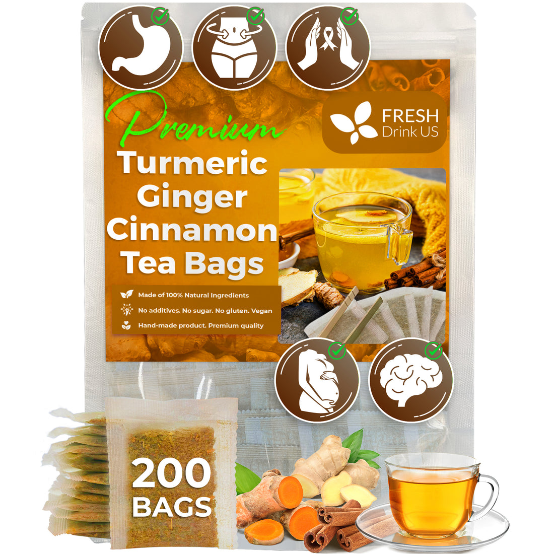 Turmeric, Ginger, Cinnamon Tea, Tea Bags, 100% Natural, Hand-made Blend of Turmeric, Ginger, and Cinnamon. Eco-conscious Tea Bags. Turmeric Ginger Herbal Tea. No Sugar, No Caffeine, No Gluten, Vegan.