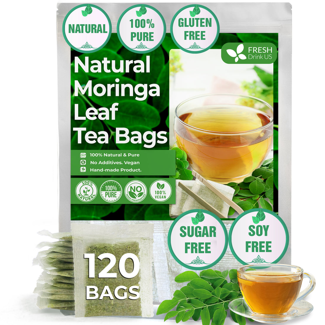 Moringa Leaf Tea Bags, 100% Natural & Pure from Moringa Leaves. Loose Leaf Moringa Herbal Tea. Moringa Leaf Tea. No Sugar, No Caffeine, No Gluten, Vegan