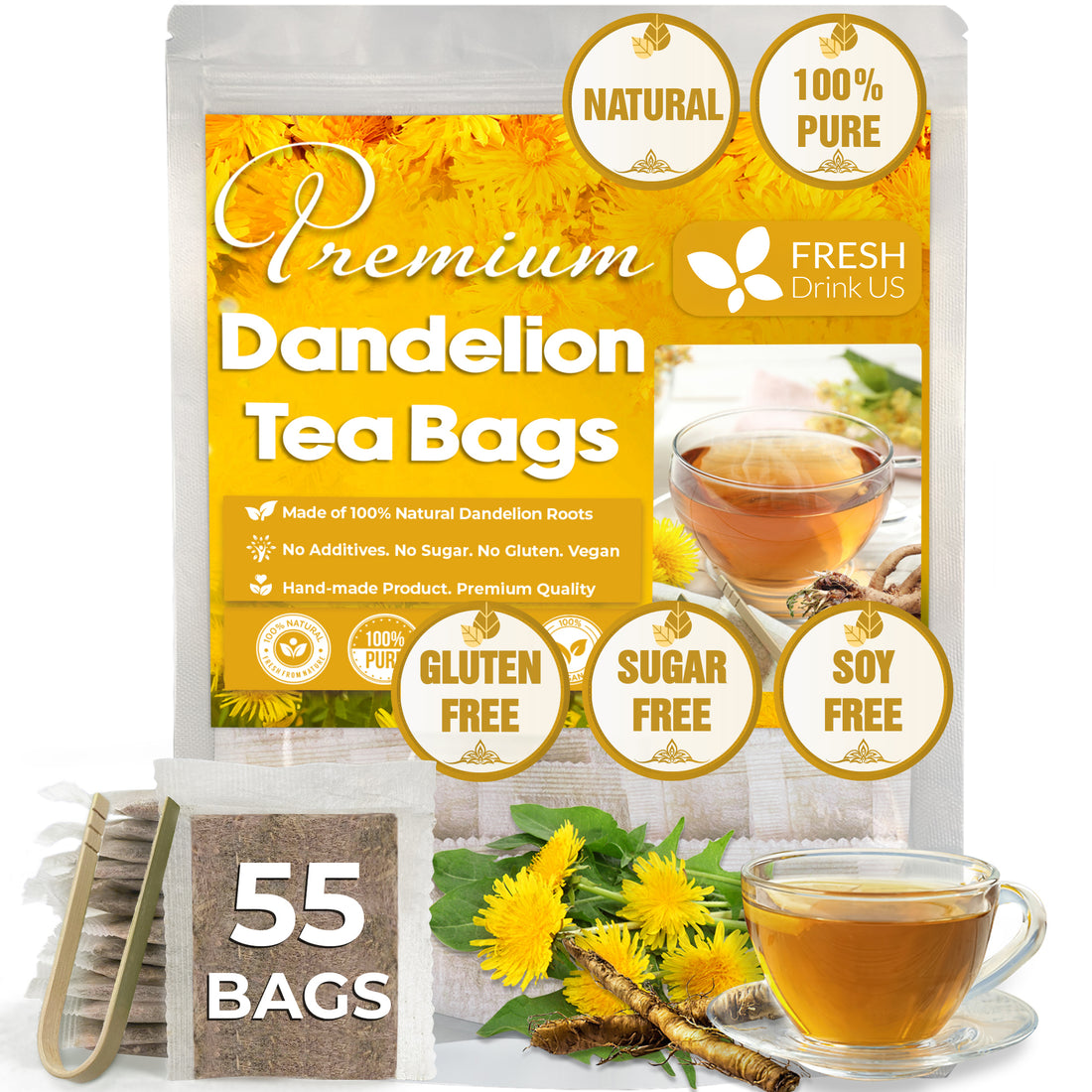 Dandelion Root Tea Bags, 100% Natural & Pure from Dandelion Root, Eco-Conscious Tea Bags, Dandelion Root Herbal Tea. Dandelion Root Tea. No Sugar, No Caffeine, No Gluten, Vegan.