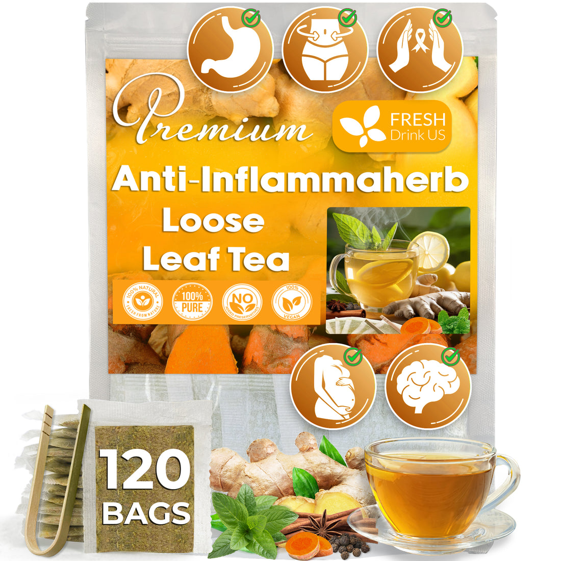 Anti-Inflammaheb Loose Leaf Tea, 100% Natural from Ginger, Turmeric, Peppermint, Black Pepper, Cinnamon