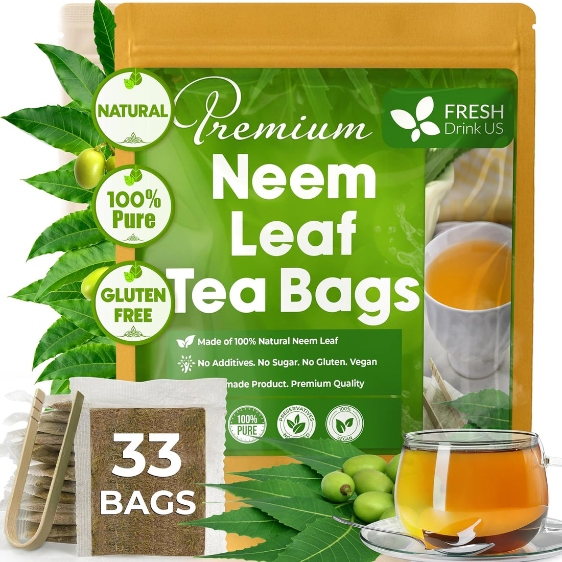 Neem Leaf Tea Bags, 100% Natural and Pure from Neem Leaves. Loose Leaf Neem Herbal Tea. Neem Leaf Tea. No Sugar, No Caffeine, No Gluten, Vegan.